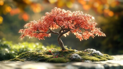 Miniature red maple bonsai tree on mossy rock.