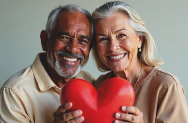 Elderly couple smiling warmly, holding a red heart, on a neutral background. Concept of love, happiness, and lasting relationships