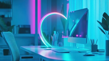 Neon heart lamp illuminates modern home office at night.