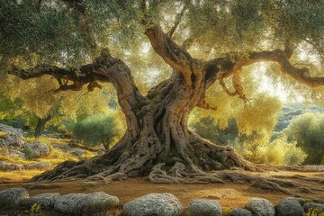 Ancient Olive Tree with Gnarled Roots in Golgo Plateau Sardinia