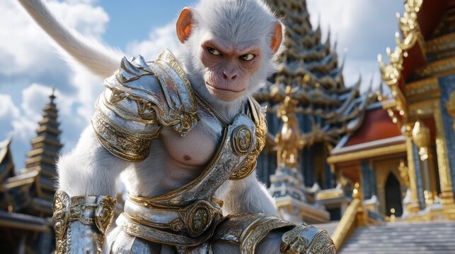 White monkey warrior in golden armor before temple.