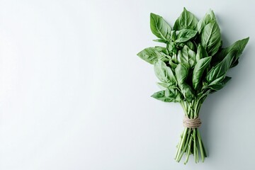 Fototapeta premium Fresh Green Basil Bundle on Light Background for Culinary Use