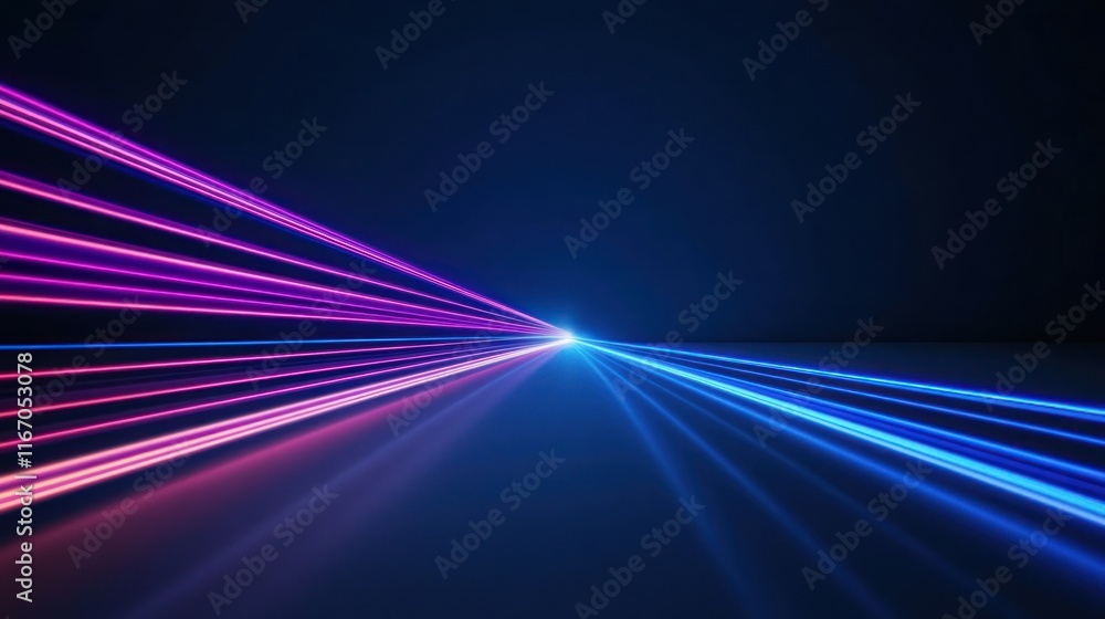 Poster abstract image of colorful laser beams converging in a dark space.