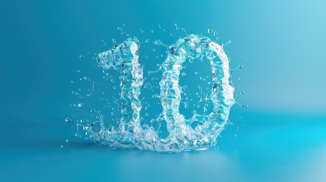 A dynamic splash of water forming the number ten, showing vivid details, on a gradient blue background. A symbol of purity and movement.