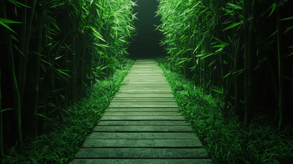 Serene Jungle Trail Leading Through Lush Green Bamboo Grove at Dawn
