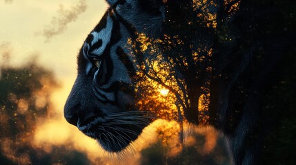 Tiger silhouette sunset nature double exposure.