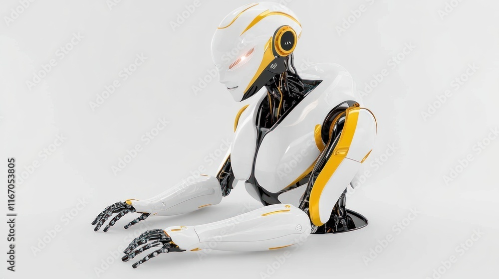Poster futuristic robot design with sleek features and glowing elements.