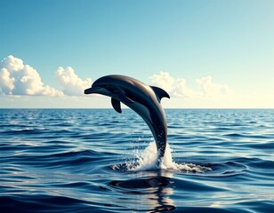 Obraz premium Dolphin Calf Leaping Under Midday Sun, Vaporwave Style with Copy Space for printing on a T-shirt