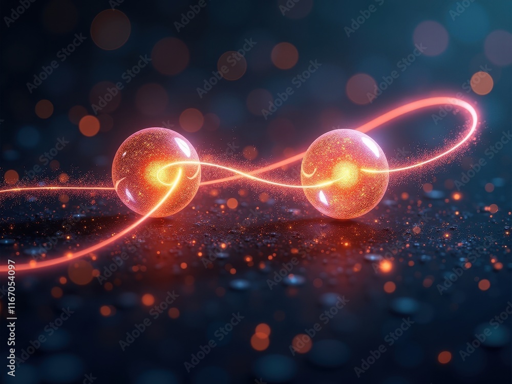 Poster captivating representation of quantum entanglement with glowing particles and swirling energy in a b