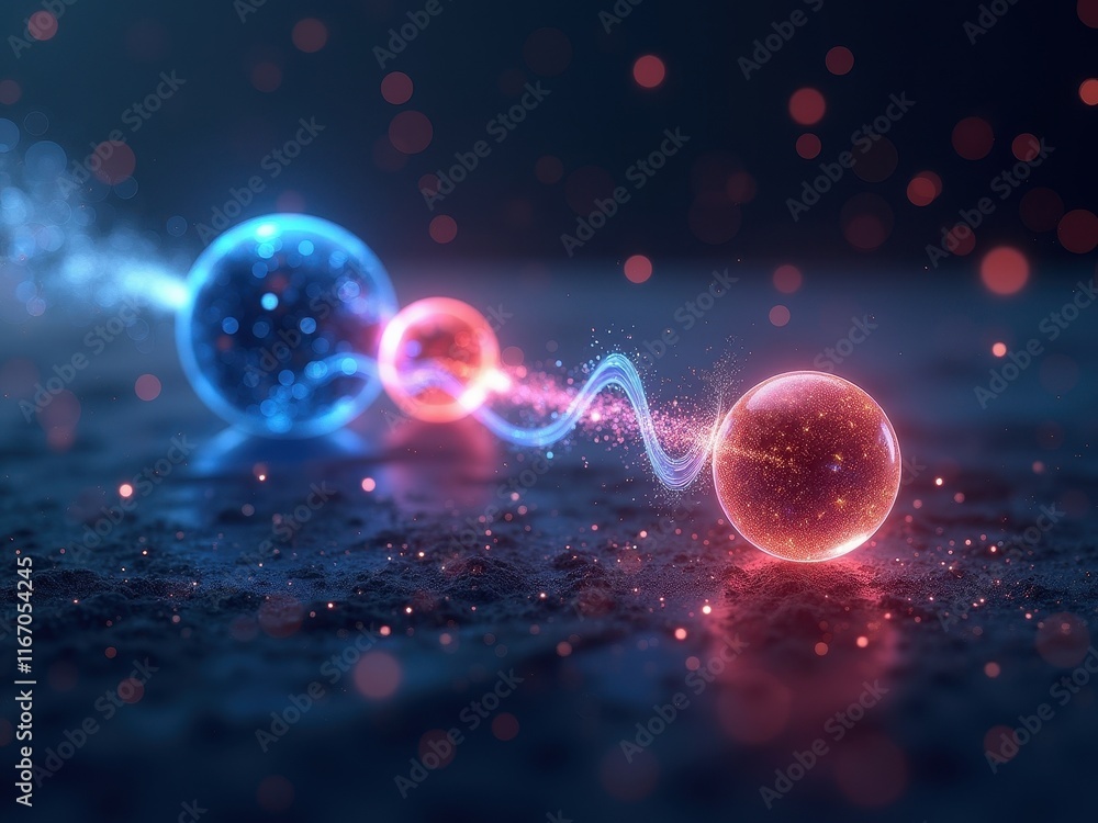 Poster dynamic interplay of quantum spheres illustrates the essence of quantum mechanics with vibrant color
