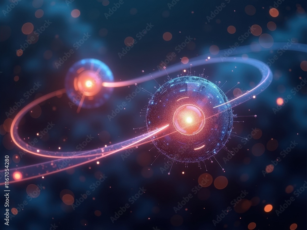 Poster exploration of quantum realms through abstract digital representation of particles and their interac