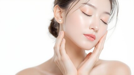 Radiant Asian Woman with Perfect Glass Skin, Skincare Model Showing Facial Beauty, Soft Hands Touching Face, Clean and Smooth Complexion, Studio Shot on White Background, Beauty and Self-Care Concept