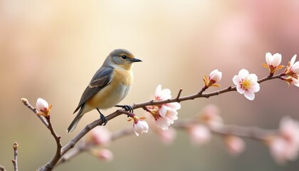 Small bird perched on a blossoming tree branch, beginning of spring.