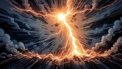 Powerful Orange Lightning Strike Dramatic Comic Style Dark Clouds Background