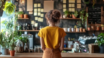 Woman Standing in Front of a Whiteboard with Colorful Sticky Notes, Brainstorming Session in an Office, Wearing a Yellow Shirt
