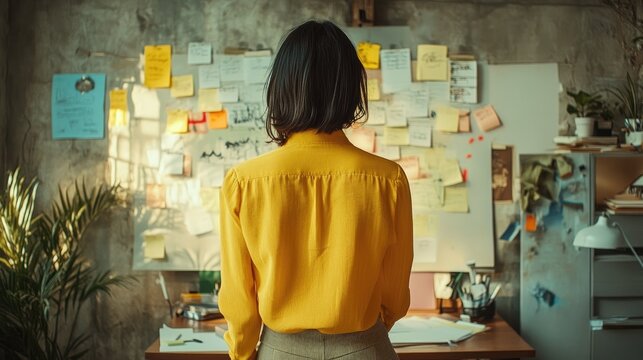 Woman Standing in Front of a Whiteboard with Colorful Sticky Notes, Brainstorming Session in an Office, Wearing a Yellow Shirt