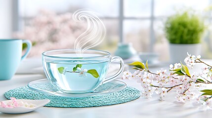 Spring Tea  Glass Cup  Blossoms  Herbal Infusion  Tranquil Scene