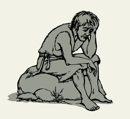 Vector drawing. A sad man and pigs