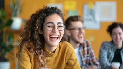 Obraz premium A joyful young woman laughs with friends in a vibrant, cozy setting, creating a warm and inviting atmosphere.