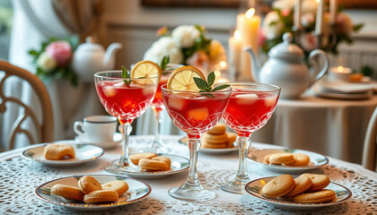 Luxurious setup of a tea party featuring fine porcelain, vibrant fruits, tea pots, and delicious pastries, arranged with ornate details and surrounded by floral decorations exuding charm and sophistic