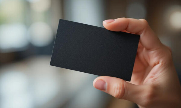 A hand holding a blank black business card against a blurred background, highlighting the card's potential for customization and professional use.