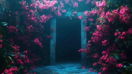 Enchanting and Mystical Floral Arch Framing a Lush and Verdant Fairy Garden Landscape with Vibrant Pink Blossoms Flourishing Foliage and a Serene Picturesque Atmosphere