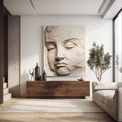 Modern Living Room Interior with Beige Sculptural Face Canvas Art