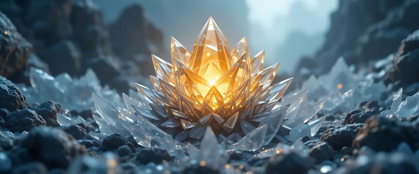 Glowing Crystal Formation in Rocky Cavern with Sharp Shards