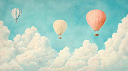 Naklejka premium Hot air balloons float above fluffy clouds in serene blue sky