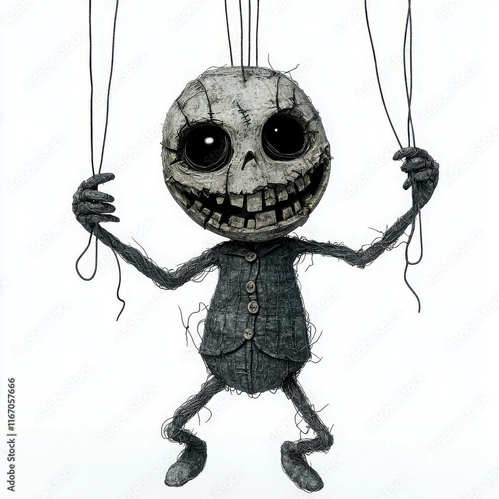 Poster creepy cartoon of a haunted marionette with twisted features and strings
