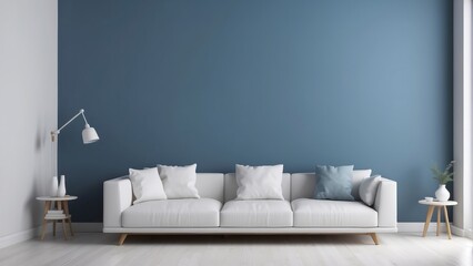 White sofa set and white side table against empty slate blue wall background