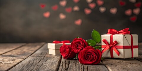 Rustic Valentine's Day setting with red roses and gift boxes tied with red ribbons on a wooden table background, with softly blurred hearts in the distance. Copy space 