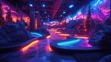 Obraz premium Futuristic landscape with glowing water features.