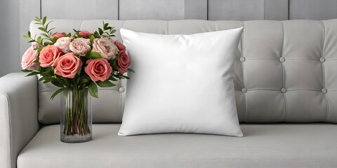 Valentine's Day pillow mockup featuring a blank white cushion paired with a glass vase filled with pink and peach roses on a neutral tufted sofa background.