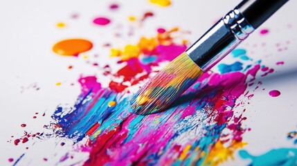 A close-up of a paintbrush creating vibrant strokes on a white canvas.