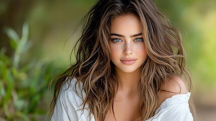 Naklejka premium Ethereal portrait of blue-eyed woman with cascading brown curls in white blouse, soft natural lighting, outdoor setting Ultra-Realistic, Photo Realistic, highly detailed, 