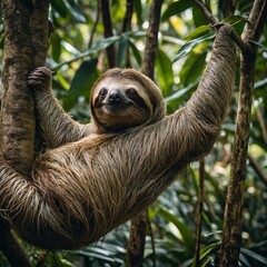 Fototapeta premium A sloth hanging lazily from a tree in a dense tropical rainforest.