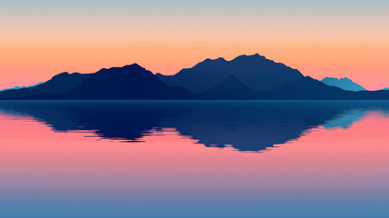 Serene lake reflecting soft sunset colors over distant mountains