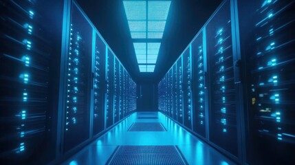 Obraz premium A long hallway inside a server room, lined with rows of computer servers, glowing with blue lights.