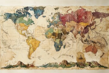 Aged world map, textured, artistic, scenic borders.