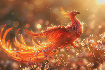 Obraz premium The birth of a new phoenix in the digital space, confident, powerful, radiant, and full of flowers.