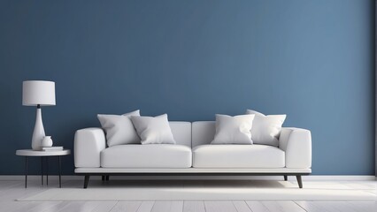 White sofa set and white side table against empty slate blue wall background