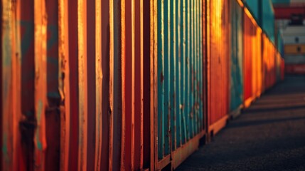 Obraz premium A close-up view of vibrant shipping containers in orange and teal during sunset.
