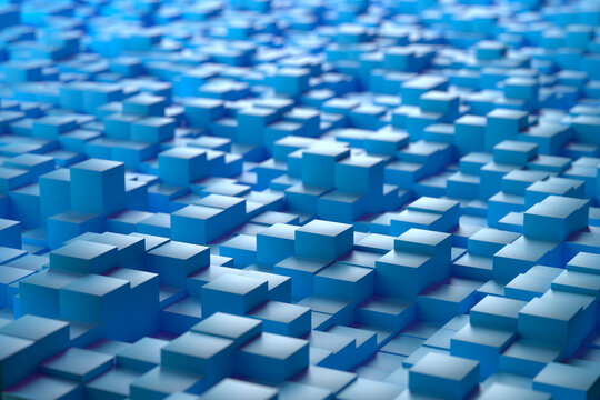 Abstract blue geometric blocks pattern, futuristic digital technology background design. 3d render
