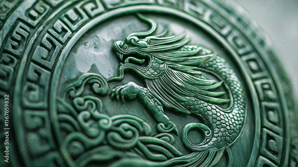 Poster intricate imperial jade carving of a phoenix with detailed patterns and texture