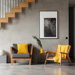 Fototapeta premium Modern Living Room Interior Wooden Chairs Yellow Accents Concrete Floor