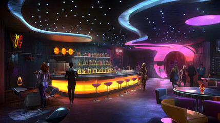 A Lively and Vibrant Pop Art Nightclub Radiating Energy with Bold Neon Lighting, Retro Dance Moves,...