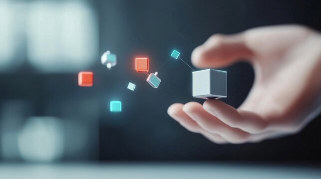 health care. health insurance and medicine concept. Hand Holding Floating Colorful Cubes in Air