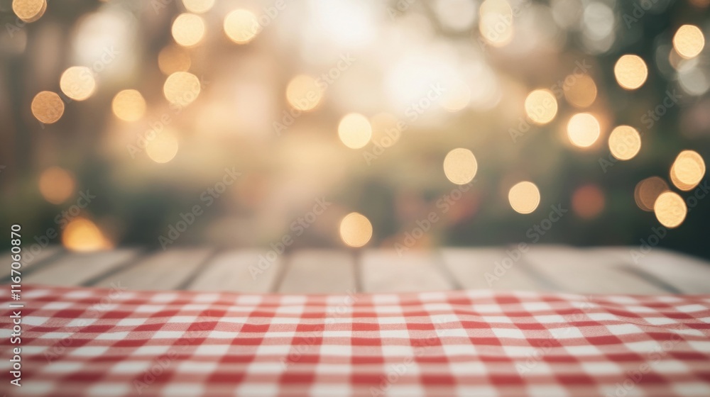 Poster cozy atmosphere featuring a red and white checkered tablecloth illuminated by soft bokeh lights in a