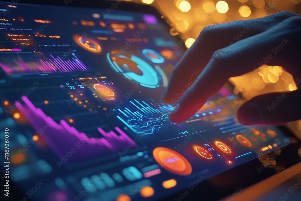 Poster close up of a hand using a laptop touchpad with a neon dashboard and warm bokeh background
